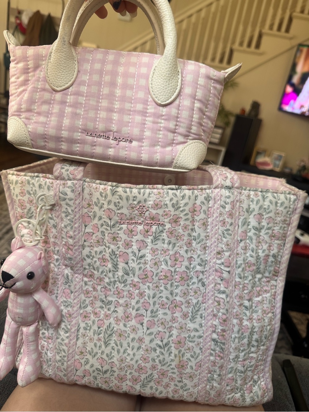Nanette Lepore Pink Floral Quilted Kids Tote with Gingham Mini Satchel